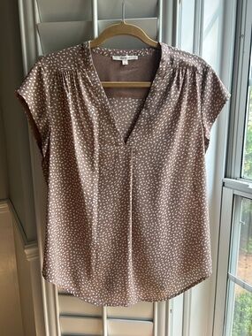 fun 2 fun Taupe Dot V-Neck Cap Sleeve Blouse